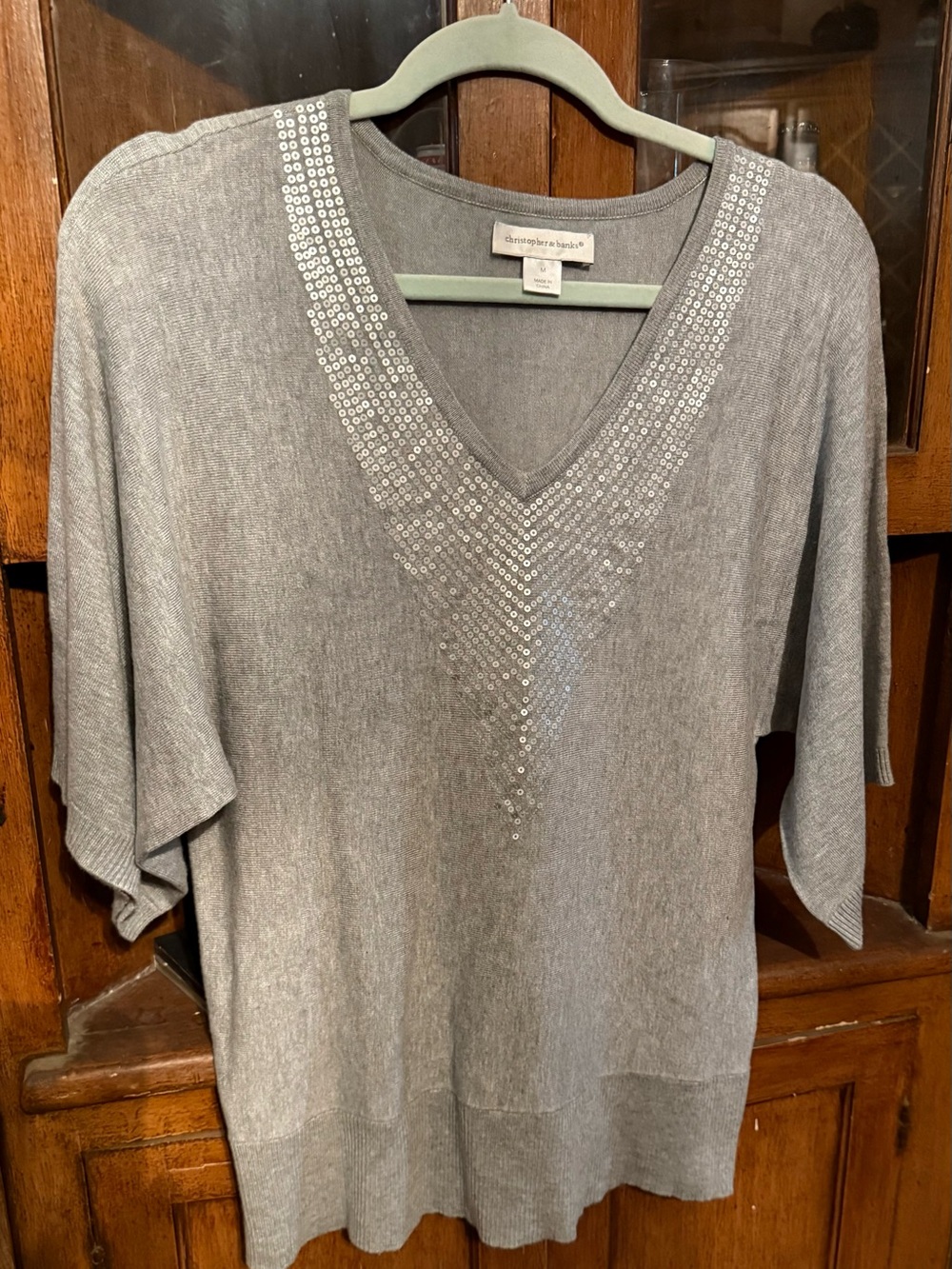 Christopher & Banks Silver-Gray V-Neck Sequin Knit Top
